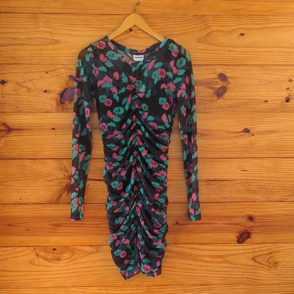NWT Noisy may Black Floral Ruched Mesh Long Sleeve Dress Small